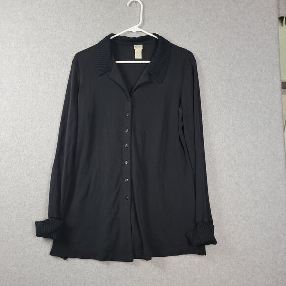 Vintage J. Jill Black LS Button Up Rayon Blouse Women's Large Stretch - Picture 1 of 11